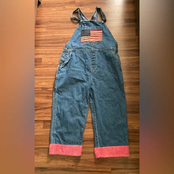Cherokee Womens SZ L denim Bib Overalls American Flag pink cuffs Vintage - Picture 1 of 11